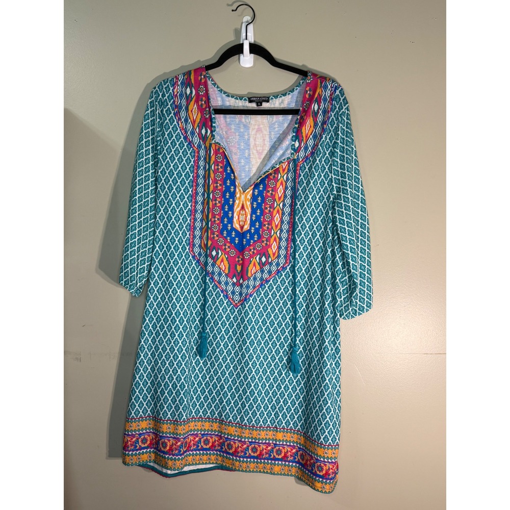 Urban Coco Teal Boho Geometric Tassel Tie Tunic Dress XL 3/4 Sleeve Multi Color